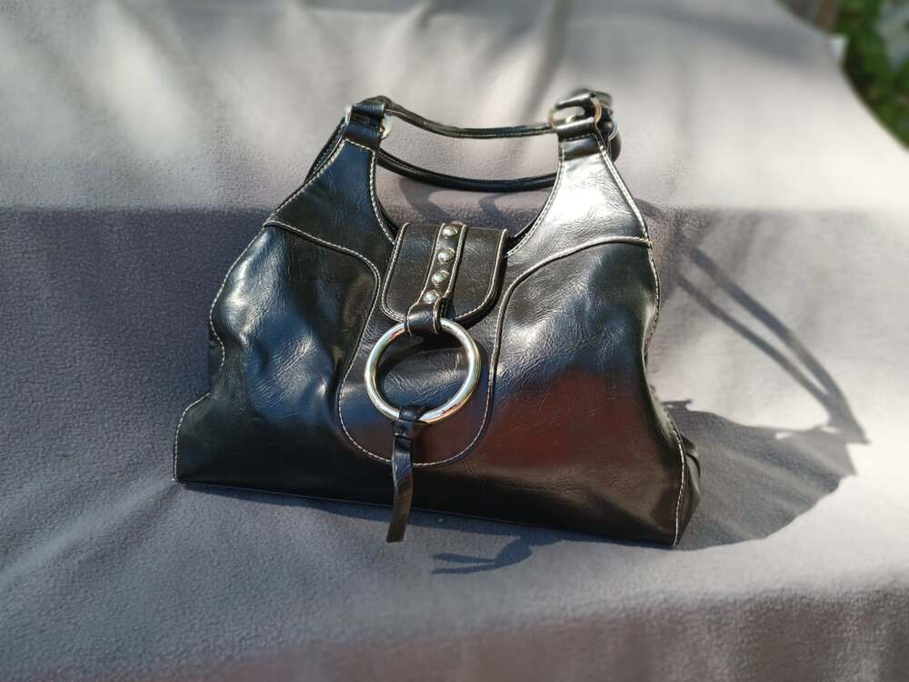 Vintage 90s Y2K St. Johns Bay Black O Ring Hobo Faux Leather Handbag Grunge